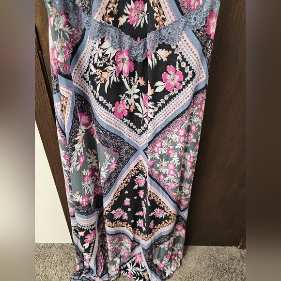 Free People Stevie Floral Lace Trim Maxi Dress Black Multicolor Boho Y2K Size M - Picture 7 of 10